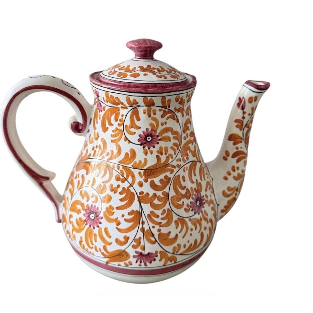 Vtg Hand Painted Italian Majolica Ceramic Teapot Orange Floral Pink Scroll Italy